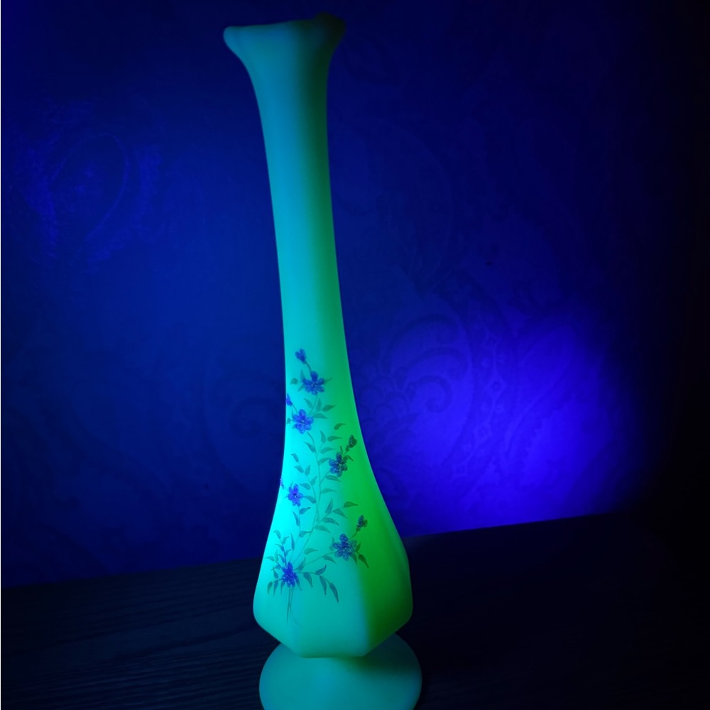 Vintage Fenton custard uranium pink flowers vase 11.5” Hand painted signed